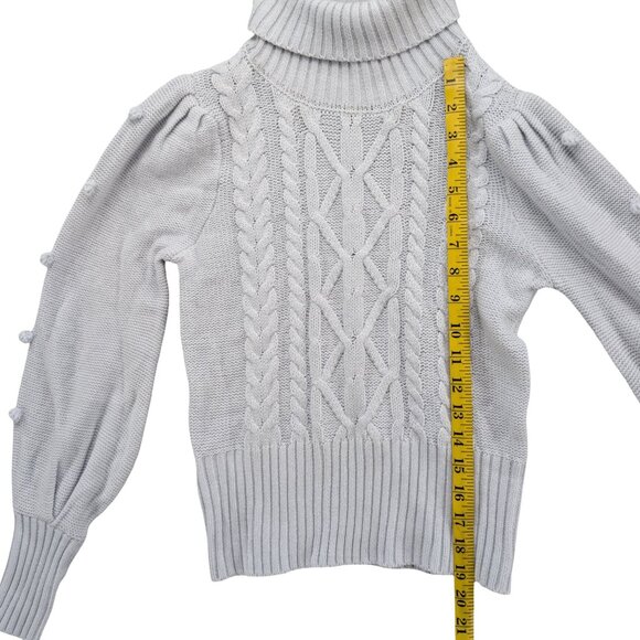 BCBGMaxAzria Puff Sleeve Pom Sweater Womens Ice Blue Turtleneck Cable Knit Sz XS - Picture 6 of 9